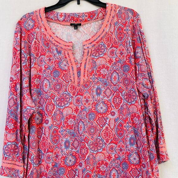 Talbots Blouse Womens 2X Pink Blue 3/4 Sleeve V Neck Pullover Cotton Floral Boho - Picture 2 of 8